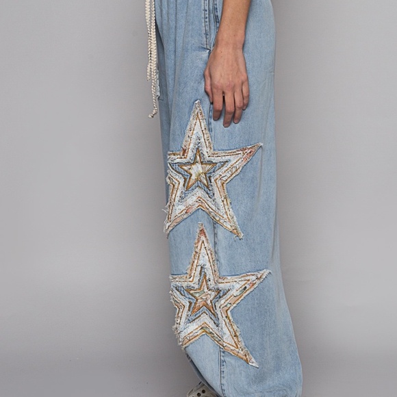 POL Denim Embroidered Stars Boho Patchwork Joggers Pants Women’s Blue Relaxed - Picture 12 of 16